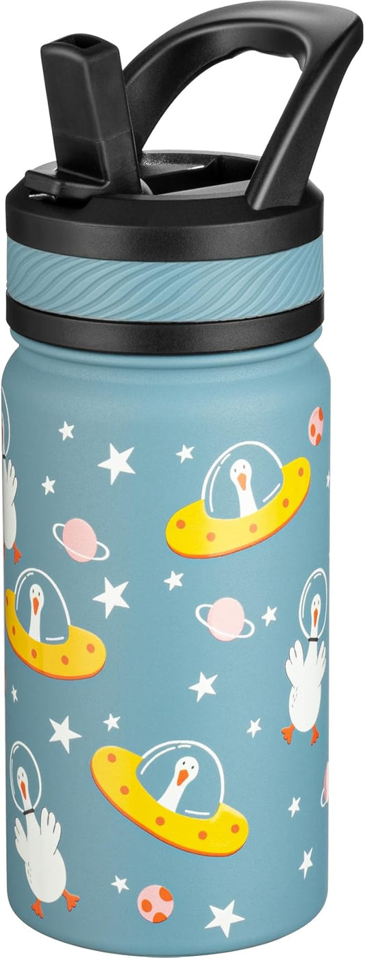 Fanhaw 14 Oz Kids Insulated Water Bottle with Straw - Stainless Steel Double Wall Vacuum Cup, Leakproof, BPA Free, Suitable for Boys and Girls(Cyan - Duck in Space)