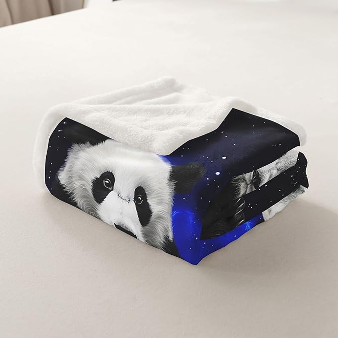Panda Plush Blanket Galaxy Space Panda Bear Fleece Throw Blanket for Kids Boys Girls Cute Wild Animal Sherpa Blanket Ultra Soft Decor Stars Cartoon Giant Panda Fuzzy Blanket for Sofa 40x50 Inch