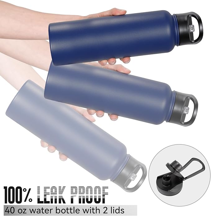 40 oz Insulated Water Bottle with Straw, Stainless Steel Sports Water Bottles with 2 Lids (Straw and Wide Mouth lid), Double Wall Vacuum, Leakproof, BPA-Free, Blue