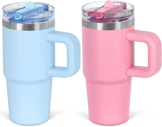 Cosictic 14 Oz Flip Straw Tumbler with Handle for Kids, Stainless Steel Double Wall Insulated Cup for Children with Flip Top Lid, 14 Oz Leak-proof Cups for Kids, Sky Blue and Pink
