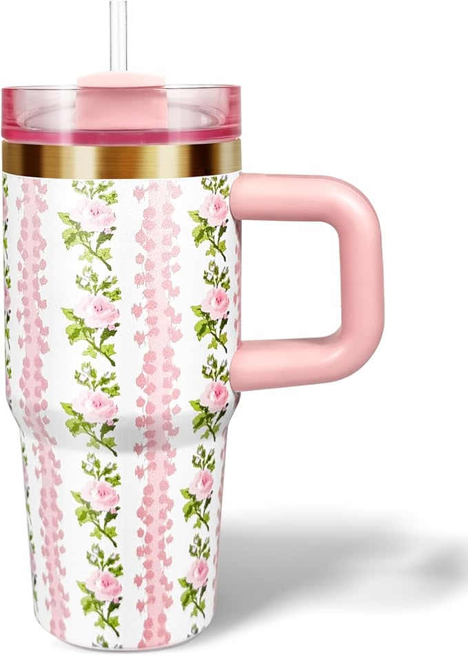 14 oz Tumbler with Handle and Straw, 14oz Toddler Tumbler with Lid and Straw for Kids Stainless Steel Tumblers, Outdoor Sports Travel School Gift, Keeps Drinks Cold up to 24 Hrs(Pink Flower)