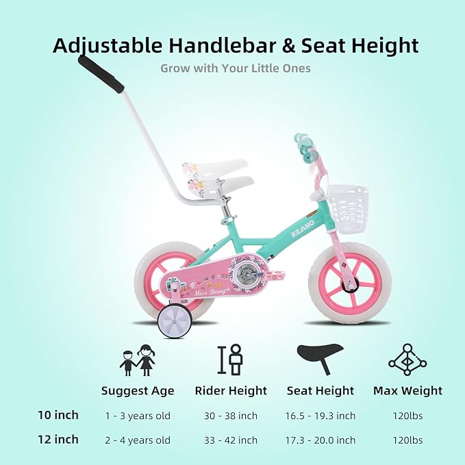 KEANO Voyager 10 12 Inch Kids Bike for Boys and Girls Ages 1-4 Years, Toddler Bike with Training Wheels & Basket, Detachable Parent Push Handle, Children Bicycle