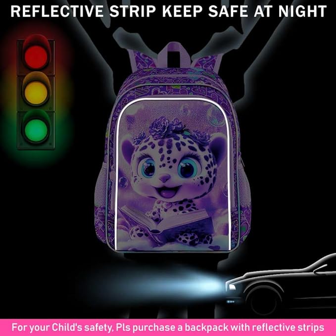 CCJPX 16" Leopard Backpack for Girls, 3Pcs Kids Bookbag with Lunch Box, Water Resistant Elementary School Bag for Kindergarten Preschool Toddler (Purple)