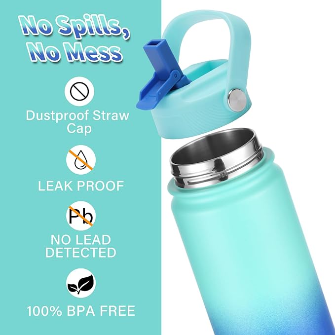 Mininoo Insulated Stainless Steel Kids Water Bottle for School with Straw Lid & Strap, 50 Stickers, 18 oz(Sky/Blue)