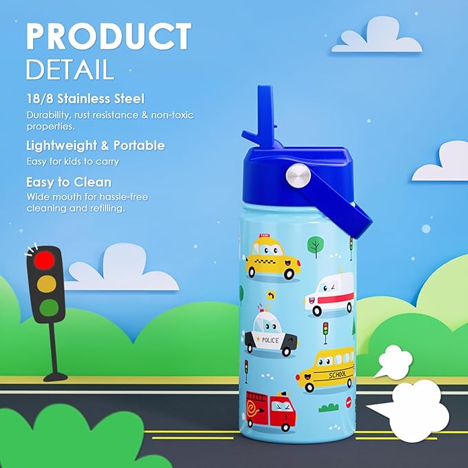 Transportation Kids Water Bottle With Straw Lid 12oz Insulated Stainless Steel, Travel Tumbler, Gifts For Boys, Birthday, Christmas, Back To School