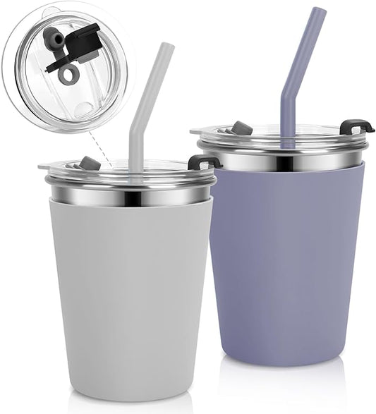 Stainless Steel Kids Cups with Lids and Straws Leakproof, 2 Pack 12oz Spill Proof Cups for Toddlers Kids Tumblers Unbreakable Sippy Cup with Straws for School, Outdoor (Dark Gray & Gray)