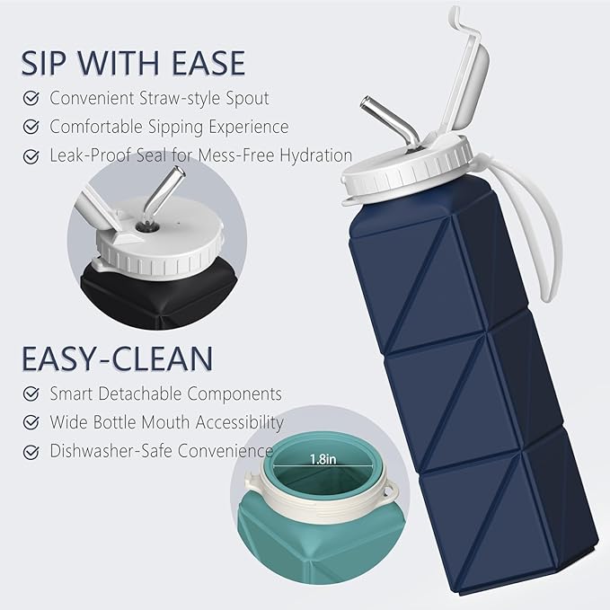 Collapsible Water Bottles with Straw 20.6oz, Silicone Foldable Portable Water Bottle, Lightweight Reusable Leakproof for Travel Camping Hiking Cycling Yoga Sports, 1 Pack (Dark Blue)