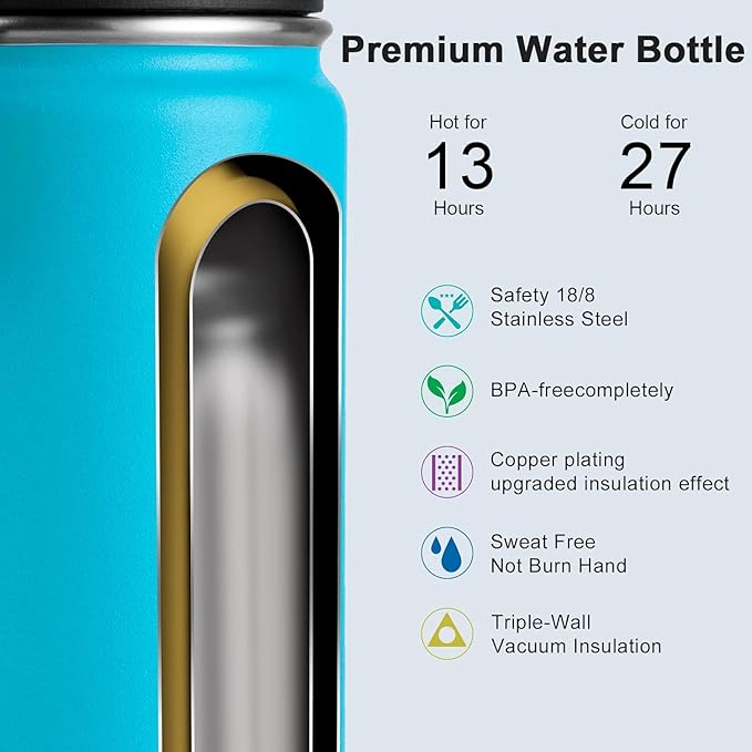 koodee Insulated Water Bottle -18 oz Stainless Steel Double Wall Vacuum Wide Mouth Sport Bottle with Leakproof Spout Lid (Sky Blue)