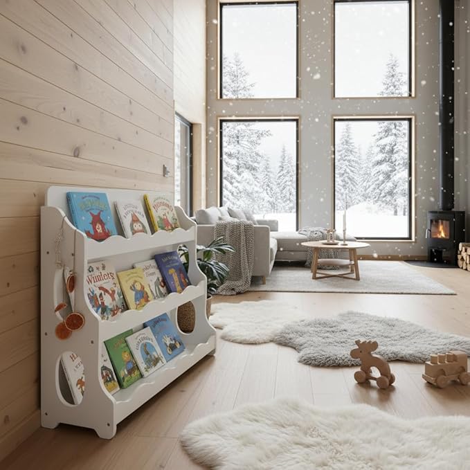 Kids Bookshelf Wooden Montessori Book Shelf Dutch Design 3Tier Scalloped,SnowfallWhite Gift