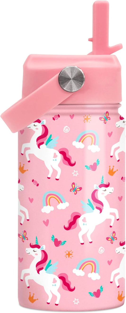 Unicorn Water Bottle for Girls - Kids Water Bottle with Straw Lid - 12 Oz Insulated Stainless Steel Water Bottles for Kid - Travel Cup for School Sports