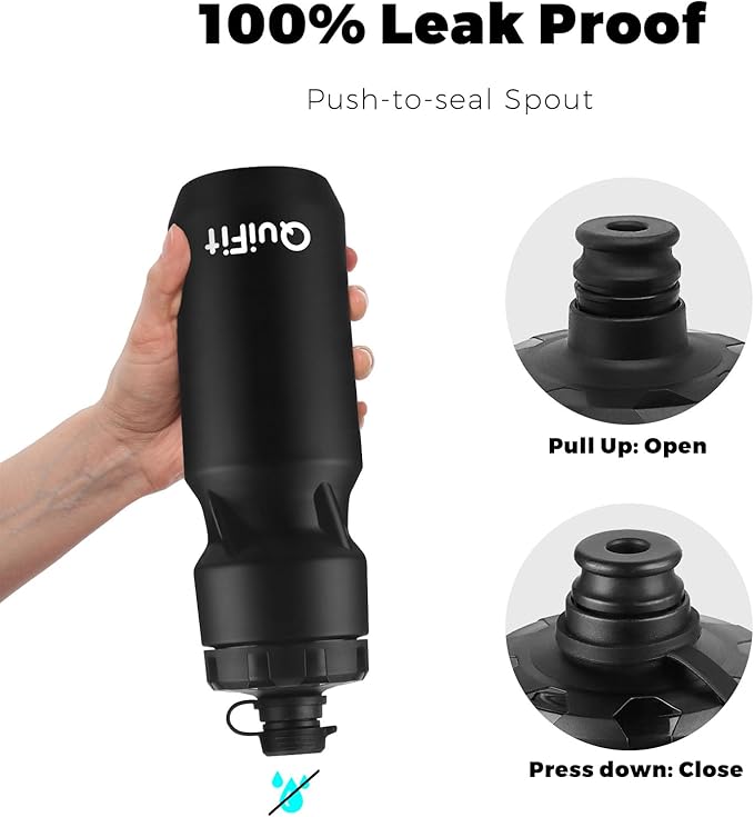 QuiFit Bike Water Bottle 2-Pack, 24oz Squeeze Bottles BPA Free, Leak Proof, Reusable Sport Jug with Dust Cover, Fit Most Bike Holders, for Cycling, Gym, Camping, Hiking(Black+Black, 24oz)