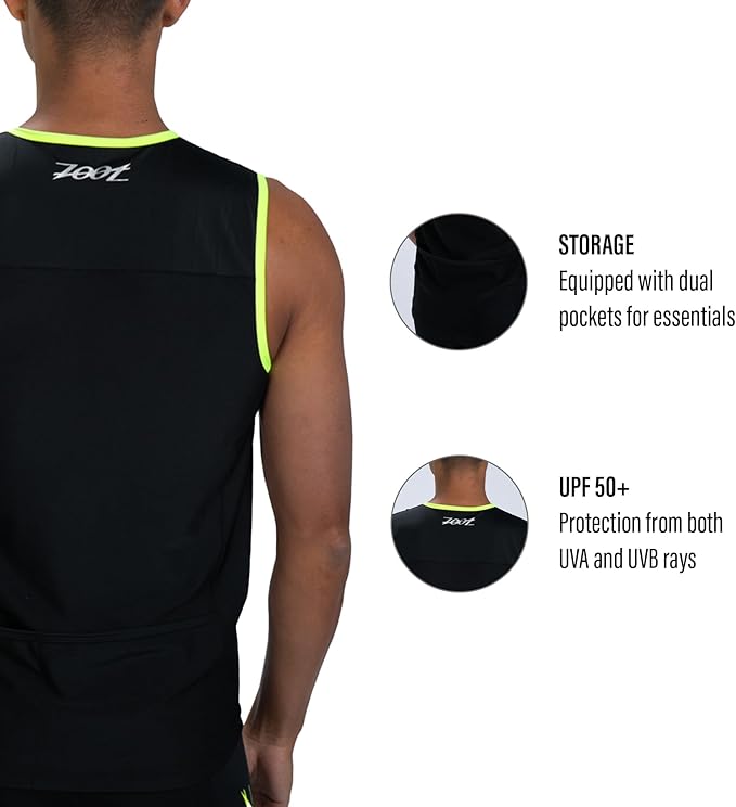 Zoot Men’s Core Tri Tank, Performance Triathlon Race Tank Top, UPF 50+ Fabric, Rear Pockets, Mesh Panels, & Cam Lock Zipper