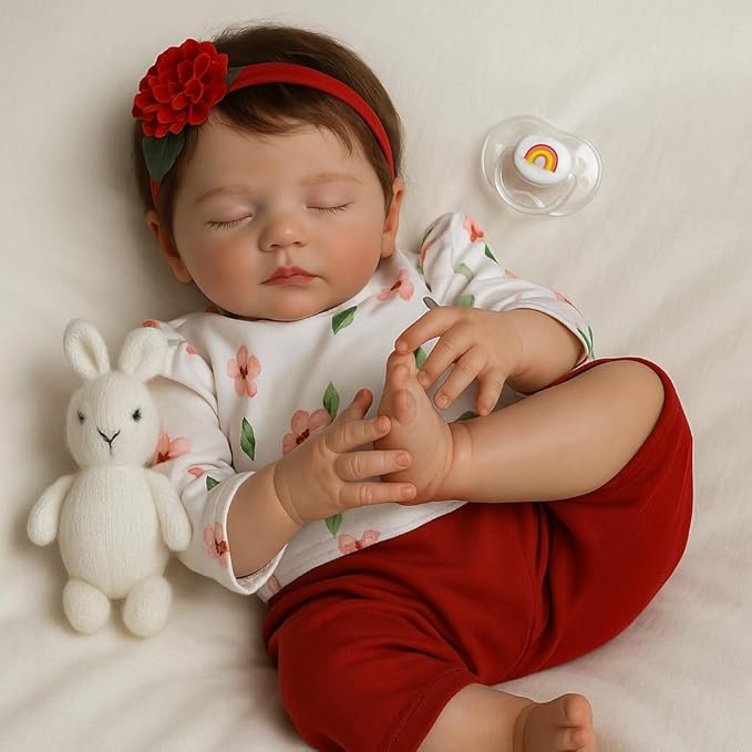 SCOM 20 Inch Realistic Reborn Baby Doll, Lifelike Newborn Sleeping Girl, Soft Cloth Body & Vinyl Limbs, Gift Feeding Set & Gift Box, Safe Toy for Kids 3+ / Companionship Doll