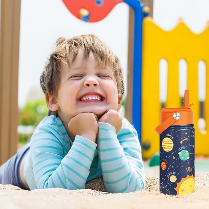 Solar System Kids Water Bottle With Straw Lid 12oz Insulated Stainless Steel, Travel Tumbler, Gifts For Boys, Birthday, Christmas, Back To School