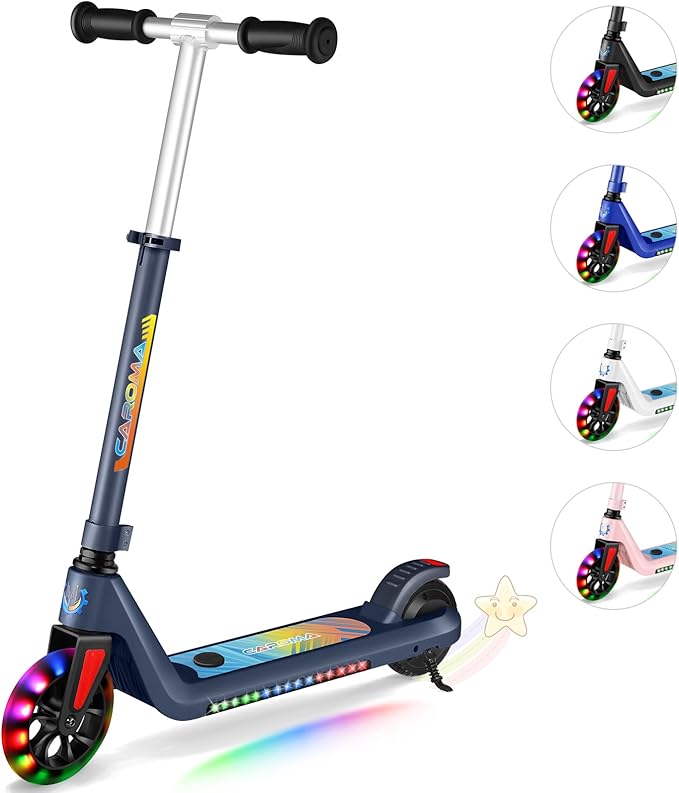 Caroma Electric Scooter for Kids Ages 6-14, 180W/150W Motor & 10 Mph, 85 Mins Ride Time, Adjustable Height & Speed, LED Display & Colorful Lights, Kids Electric Scooter, Best Gifts for Girls and Boy