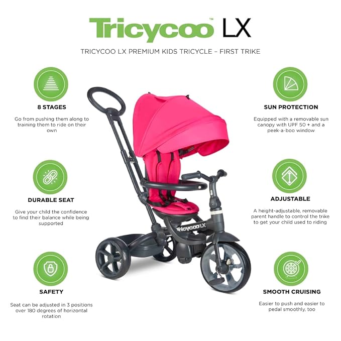 Joovy Tricycoo LX Premium Kids Tricycle with 8 Stages Featuring Chunky Front Tire, Removable and Adjustable Parent Handle, Safety Harness, Machine-Washable Seat Pad, and Retractable Canopy, Magenta