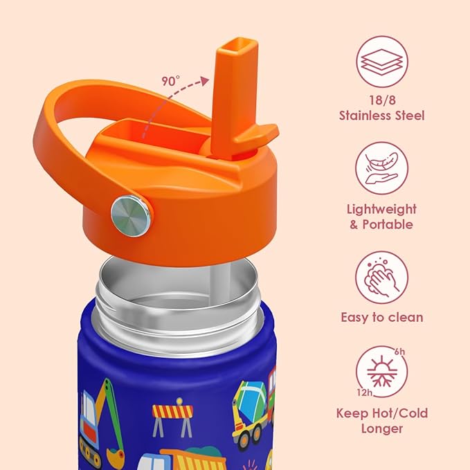 SANDJEST Kids Water Bottle with Straw Lid, Pack of 2 Insulated 12 Oz Stainless Steel Water Bottles for Boys, Travel Cup for School Sports, School Bus - Construction