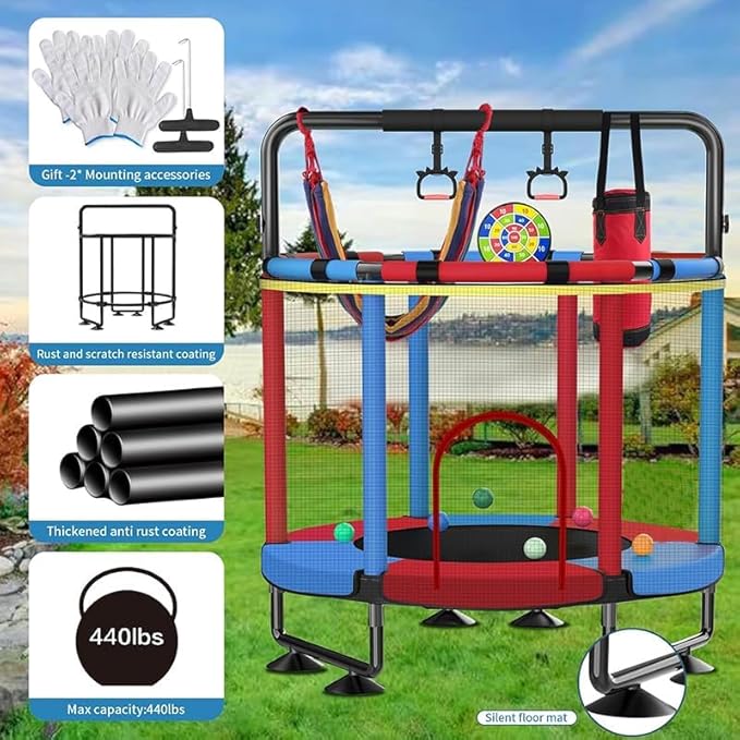 Trampoline for Kids, Upgrade Full Anti-Rust 440lbs Indoor Outdoor Toddler Trampoline with Net, 55" Adjustable Baby Toddler Trampolines Accessories with 8 Toys Dart Board