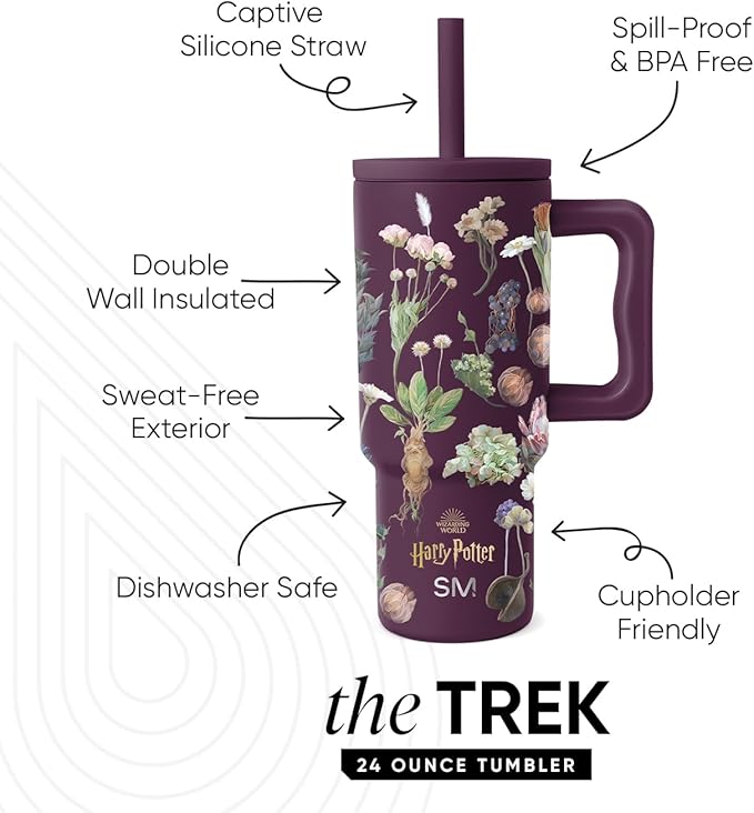 Simple Modern Harry Potter Kids 24 oz Tumbler with Handle and Silicone Straw Lid | Spill Proof and Leak Resistant | Reusable Stainless Steel Bottle | Gift Kids Boys Girls | Trek Collection | Herbology