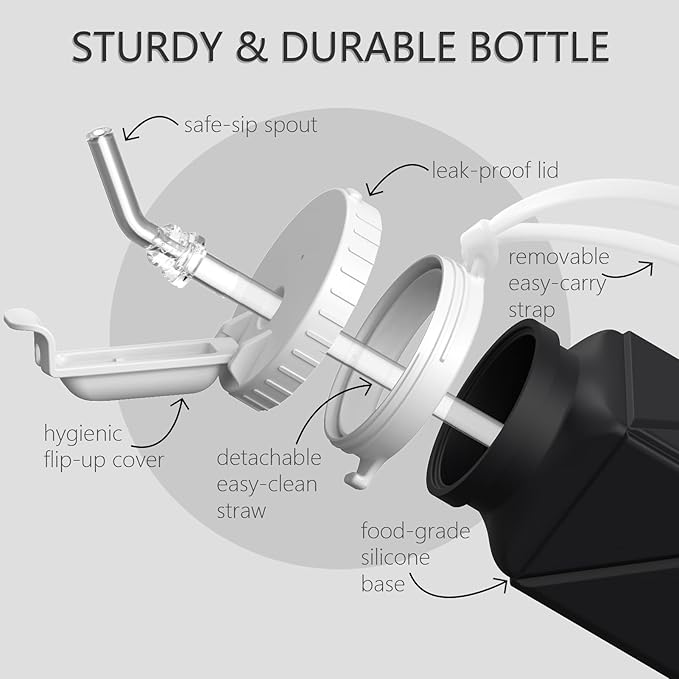 Collapsible Water Bottles with Straw 20.6oz, Silicone Foldable Portable Water Bottle, Lightweight Reusable Leakproof for Travel Camping Hiking Cycling Yoga Sports, 1 Pack (Black)