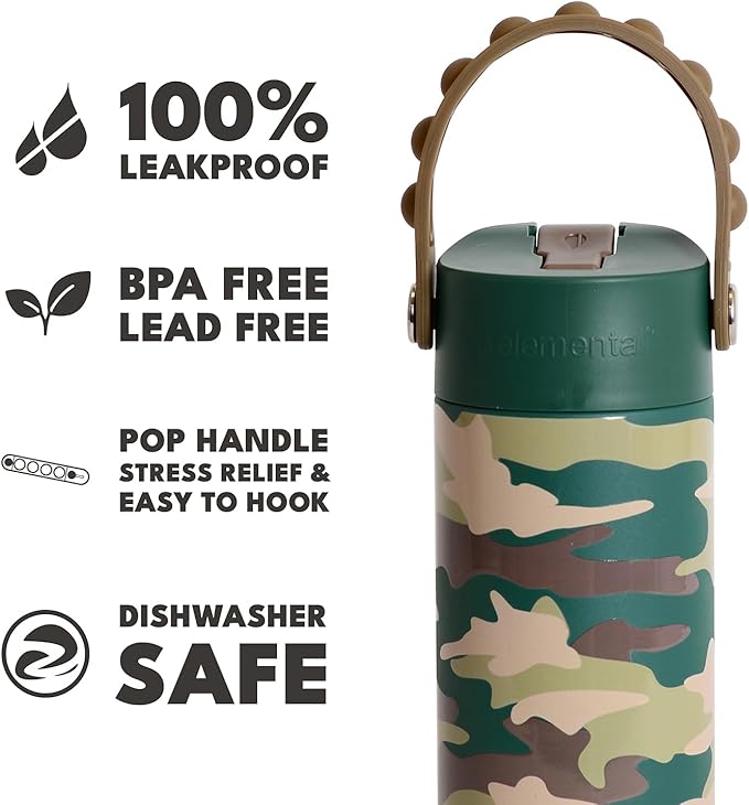 Elemental Insulated Kids Water Bottle, Stainless Steel Water Bottle with Straw Lid & Pop-It Handle, Leak-Proof Water Bottles for School, Boys or Girls, Travelling and Sports, 18oz - Green Camo
