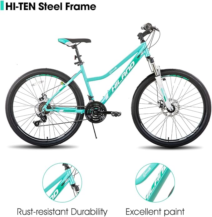 Hiland 26 Inch Womens Mountain Bike, with Step-Through Frame, 21 Speeds, Suspension Fork MTB, Bicycle for Women Men Adult