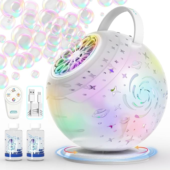 Rechargeable Bubble Machine - Bubble Maker for Kids with 90°/360° Rotation, Remote, Make Larger Bubbles, Colorful LED, Bubble Blower Outdoor Toys Gifts for Toddlers, Easter, Birthday, Party