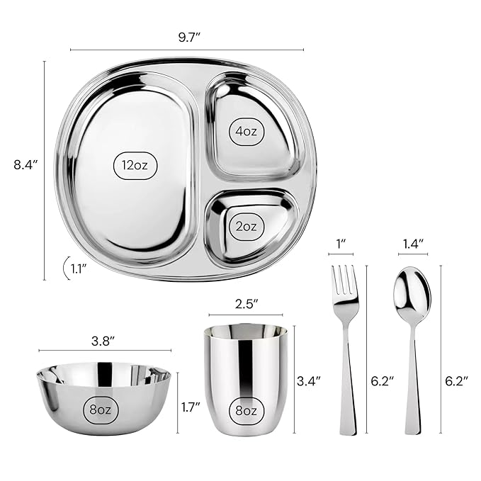 Ahimsa Stainless Steel Kids Dinnerware Set, Pediatrician Designed, 5 Piece Toddler Plates and Bowls Set, Stainless Steel Divided Plate, Cup and Kids Utensils