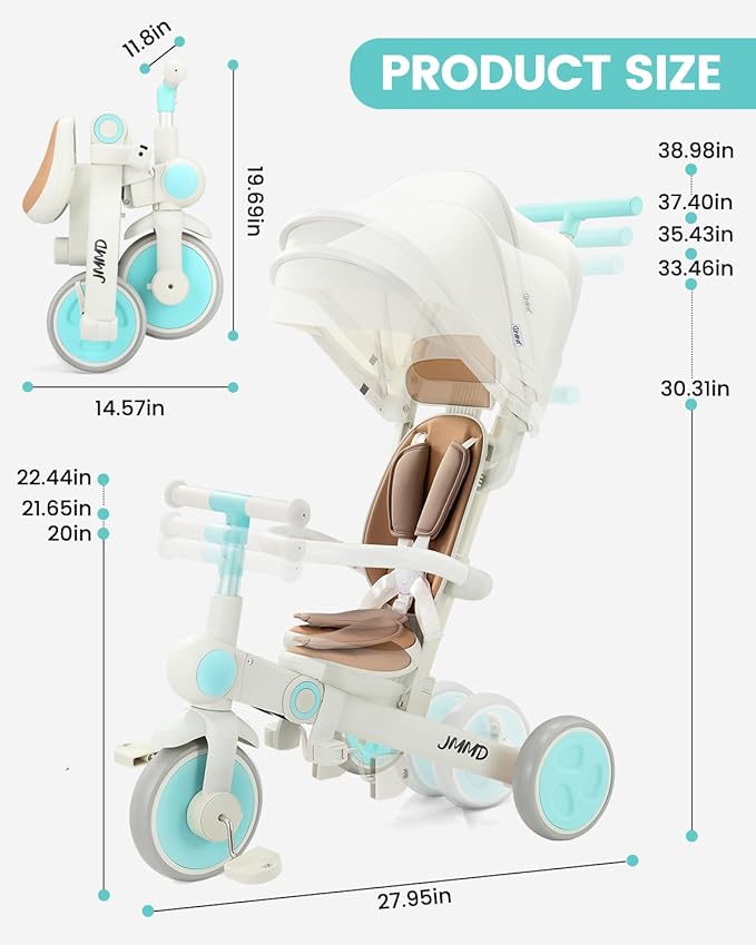 JMMD Baby Tricycle, 7-in-1 Multifunctional Kids Trike with Adjustable Parent Handle, Safety Harness & Wheel Brakes, Removable Canopy, Stroll Trike for Boys & Girls Ages 18 Months-5 Years, Mint