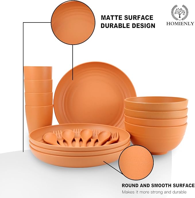 Wheat Straw Dinnerware Sets, Homienly 20pcs Unbreakable Microwave Dishwasher Safe Tableware Lightweight Bowls, Cups, Plates Set Reusable Dinner Plates Bowls set (Orange)