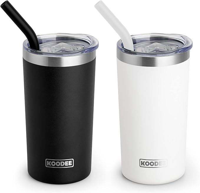 koodee Coffee Tumbler-12 oz Tumbler with Lid and Straw-Stainless Steel Double Wall Vacuum Insulated Tumbler Cup for Women (Black-White)