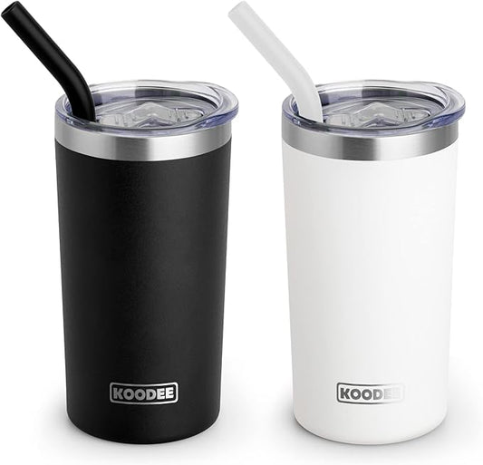 koodee Coffee Tumbler-12 oz Tumbler with Lid and Straw-Stainless Steel Double Wall Vacuum Insulated Tumbler Cup for Women (Black-White)