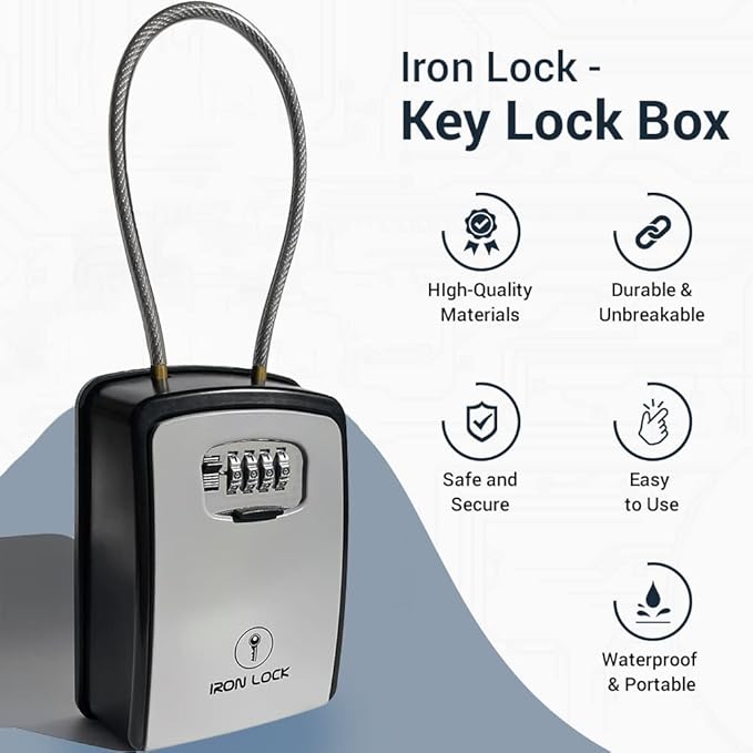 Iron Lock® XXL Portable Key Lock Box and Wall Mounted with Removable Cable Shackle Waterproof Indoor Outdoor 4 Digit Combo Resettable Code with A B Switch Extra Large Key Lockbox Outside (XXL, Grey)