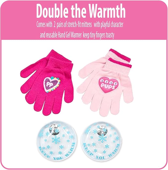 Nickelodeon Paw Patrol Girls Winter Hat and 2 Pair Mittens or Gloves (Age 2-7), Size Age 4-7, Paw Patrol Light/Dark Pink Glove with Handwarmers