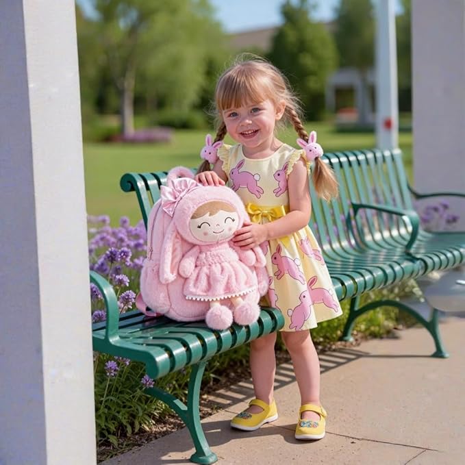 Gloveleya Toddler Backpack Plush Bag with Soft Pink Rabbit Doll Detachable Design 11inches Gift for Baby Girl 2+...