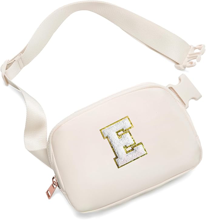Gitus Birthday Gifts for 8 9 10 11 12 13 Year Old Girls Personalized Fanny Pack Crossbody Bags with Initial Letter Patch Belt Bag for Teen Girls Cute Trendy Stuff Travel Essentials (Ivory-E)