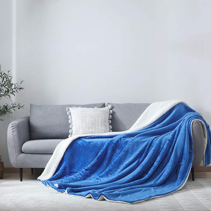 NANPIPER Bed Blanket Reversible Sherpa Flannel Blanket Super Soft Fuzzy Plush Fleece Microfiber (90"x90" Princess Blue) Queen