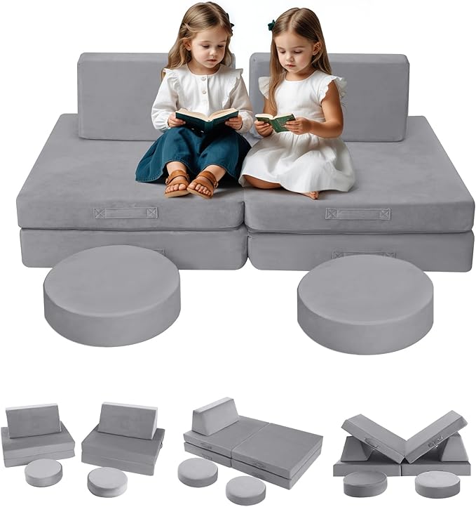 MeMoreCool Kids Modular Play Couch – Compact Foam Explorer Sofa for Toddlers, Grey | Fold-Out Fort Building Blocks, Washable Covers, Ideal for Small Spaces & Playrooms