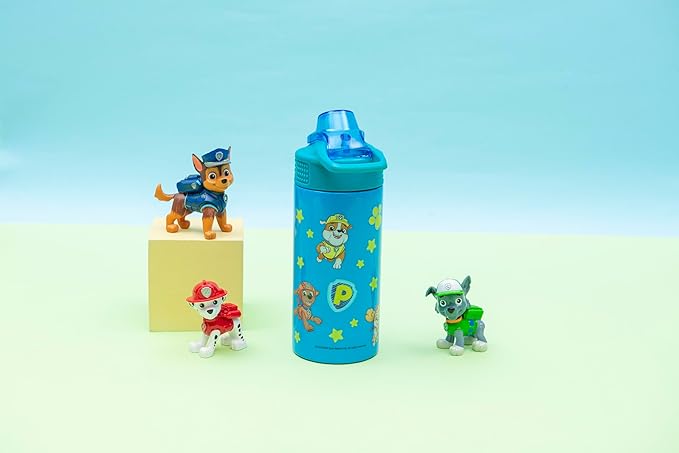 Zak Designs PAW Patrol Sage Kids Water Bottle For School or Travel, 14oz Stainless Steel Water Bottle With Straw, Handle, and Leak-Proof Spout Cover (Chase, Marshall, Skye, Rubble, Rocky, Zuma)