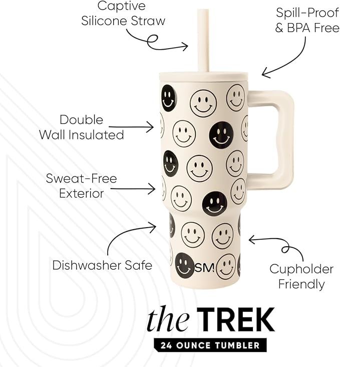 Simple Modern Kids 24 oz Tumbler with Handle and Silicone Straw Lid | Spill Proof and Leak Resistant | Reusable Stainless Steel Bottle | Gift for Kids Boys Girls | Trek Collection | Tan Happy Faces