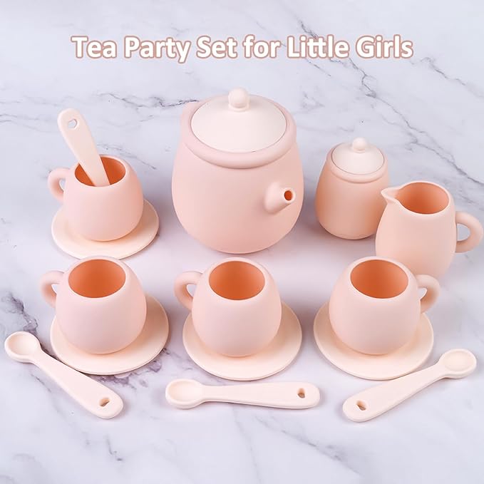 MCGMITT Silicone Tea Party Set, Toy Tea Set for Toddlers Kids, Includes Teapot, 4 Tea Cup and Coasters, Creamer, Sugar Bowl, 4 Spoon, Dishwasher Safe Pretend Teapot Set for Girls Boys Birthday Gifts