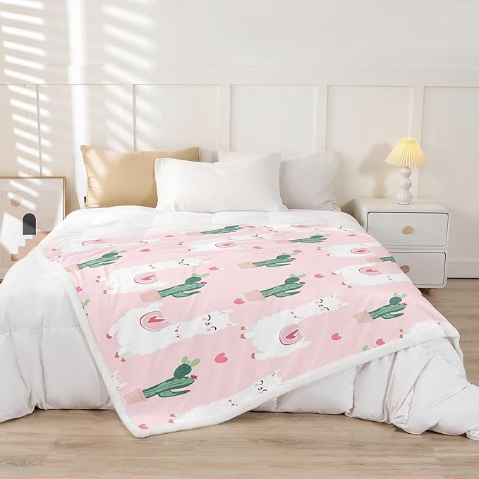Llama Alpaca Sherpa Blanket Kids Cute Llama Fleece Throw Blanket Girls Cartoon Llama Alpaca Plush Blanket for Sofa Couch Bed Pink Bedroom Decor South American Animals Fuzzy Blanket King 87x95 Inch