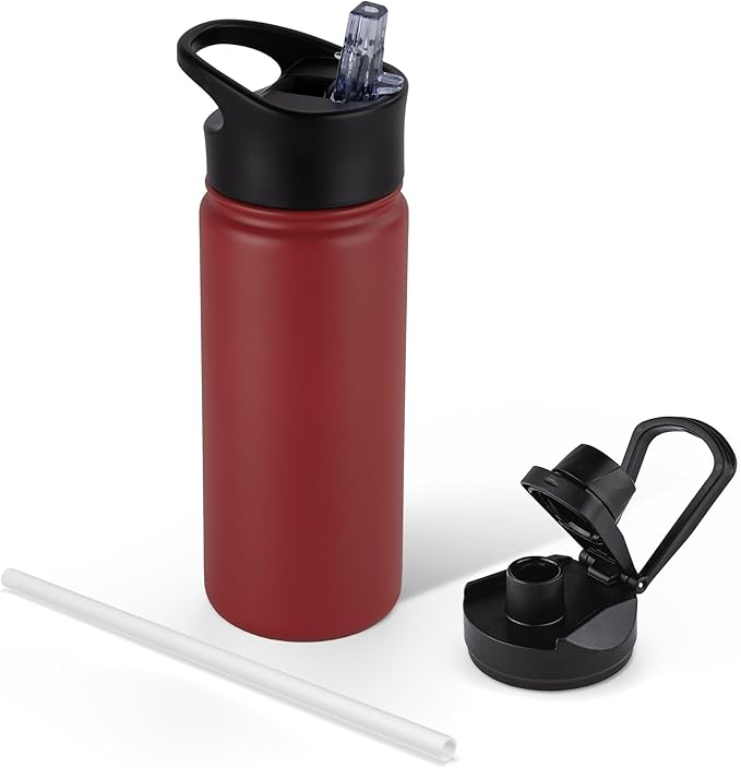 16 oz Insulated Water Bottle for School, Straw & Spout Lid, Keep Cold 24H, Spill Proof, BPA-Free, Double Wall Stainless Steel Kids Water Bottles for Sports, Gym, Travel, Red