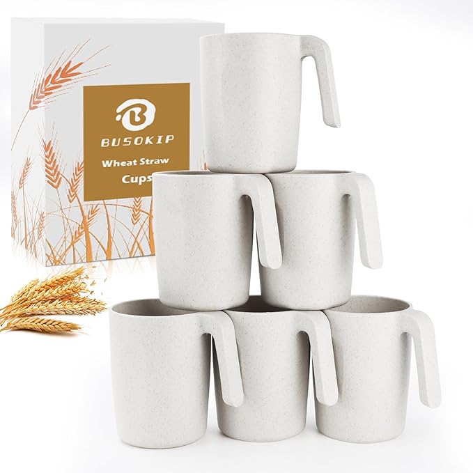 Wheat Straw Cups 16 OZ, Unbreakable Coffee Mugs Set of 6, Alternatives to Plastic Drinking Cups Reusable, Dishwasher Safe Tea Cups for Kitchen, Camping, Farmhouse - White