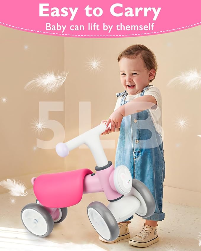 Colorful Lighting Baby Balance Bike for 1 Year Old Girls, Toddler Toys for 1 Year Old Girls Gifts, First Bike with Music and Soft Seat, 12-24 Month Toddler Balance Bike, First Birthday Gifts