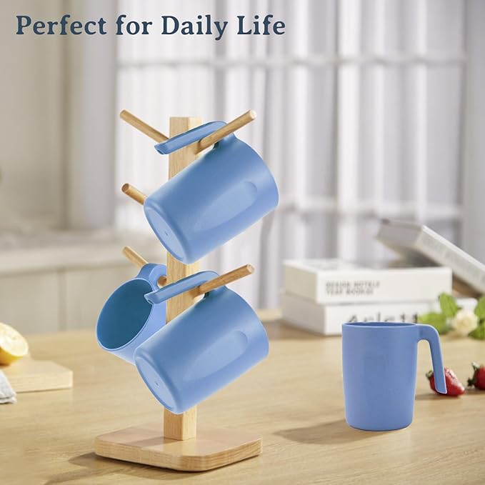 16oz Wheat Straw Cups with handles set of 6-Plastic Cups Reusable-Unbreakable Kids Mugs-Dishwasher Safe & Microwave Safe-Ideal Plastic Mugs for Tea,Coffee,Camping,RV-Sky Blue