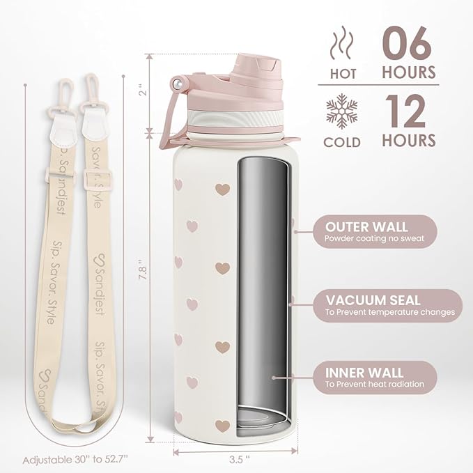 SANDJEST Beige Heart Stainless Steel Water Bottle with Strap 32oz, Insulated Bottles with Straw and Spout Lid for Gym Sports Travel Outdoor, Gifts for Women Girls Birthday Christmas