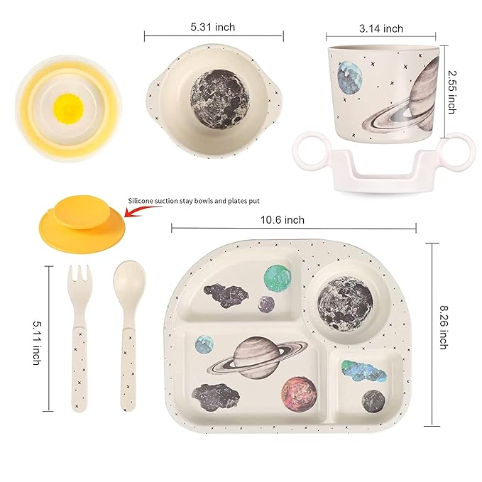 shopwithgreen 7Pcs/Set Bamboo Kids Dinnerware Set - Children Dishes - Food Plate Bowl Cup Spoon Fork Set Dishware, Cartoon Tableware, Dishwasher Safe Kids Healthy Mealtime, BPA Free