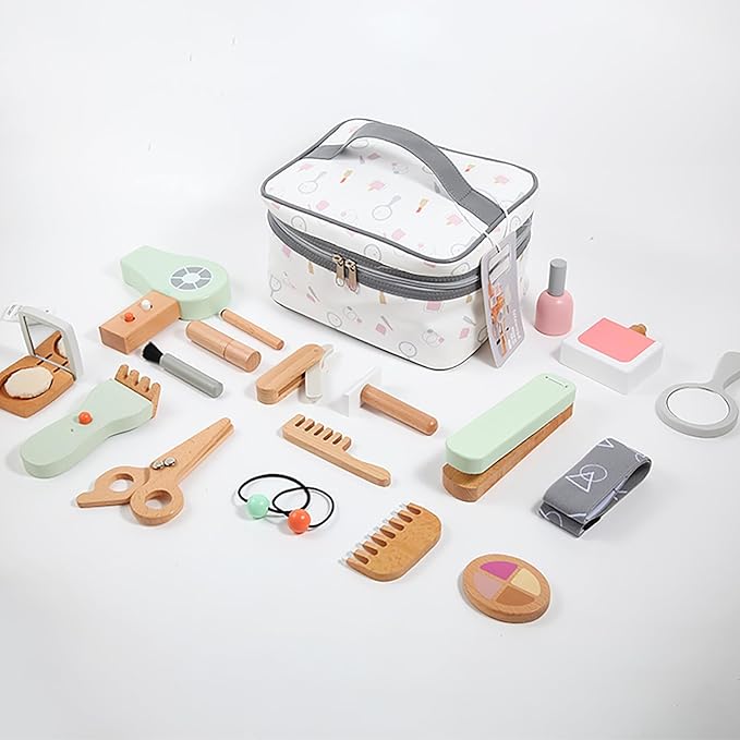 Wooden Kids Makeup Toy Set, Girls Pretend Cosmetic Bag Toys, Play House Beauty Salon Game, Birthday Gift for 3-9 Years Old Christmas 19pcs