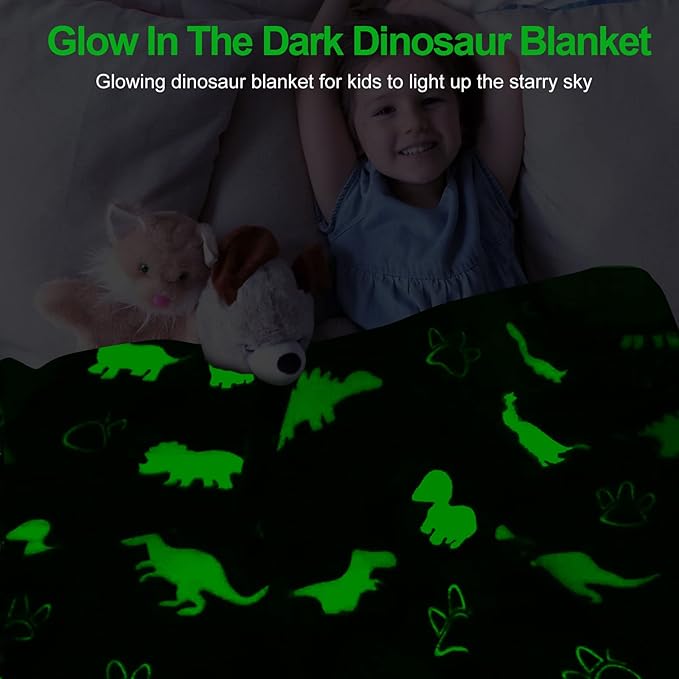 TEHALK Dinosaur Glow in the Dark Kids Throw Blanket, 60"x80", Blue